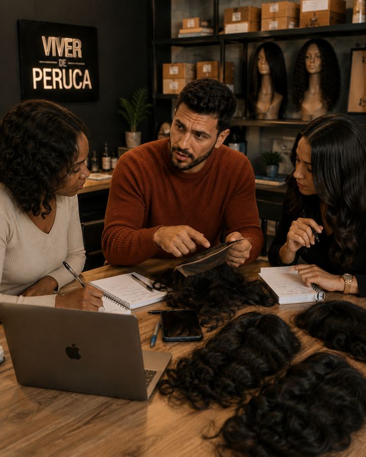 Apresentador do Viver de Peruca explicando a estrutura de uma lace para duas alunas sentadas à mesa.
