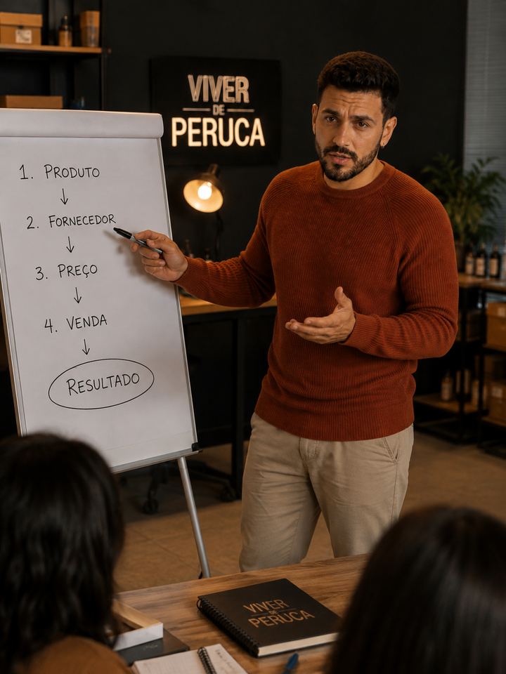 Apresentador do Viver de Peruca apontando para um flip chart com a sequência produto, fornecedor, preço, venda e resultado.