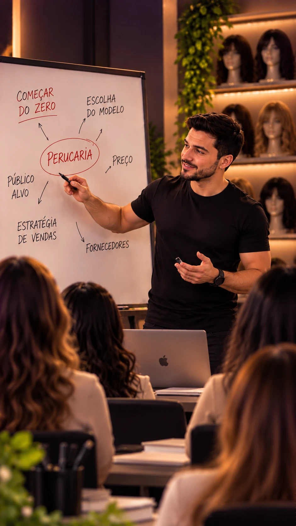 Apresentador do Viver de Peruca explicando no quadro os caminhos de uma perucaria: começar do zero, escolha do modelo, preço, fornecedores, estratégia de vendas e público alvo.